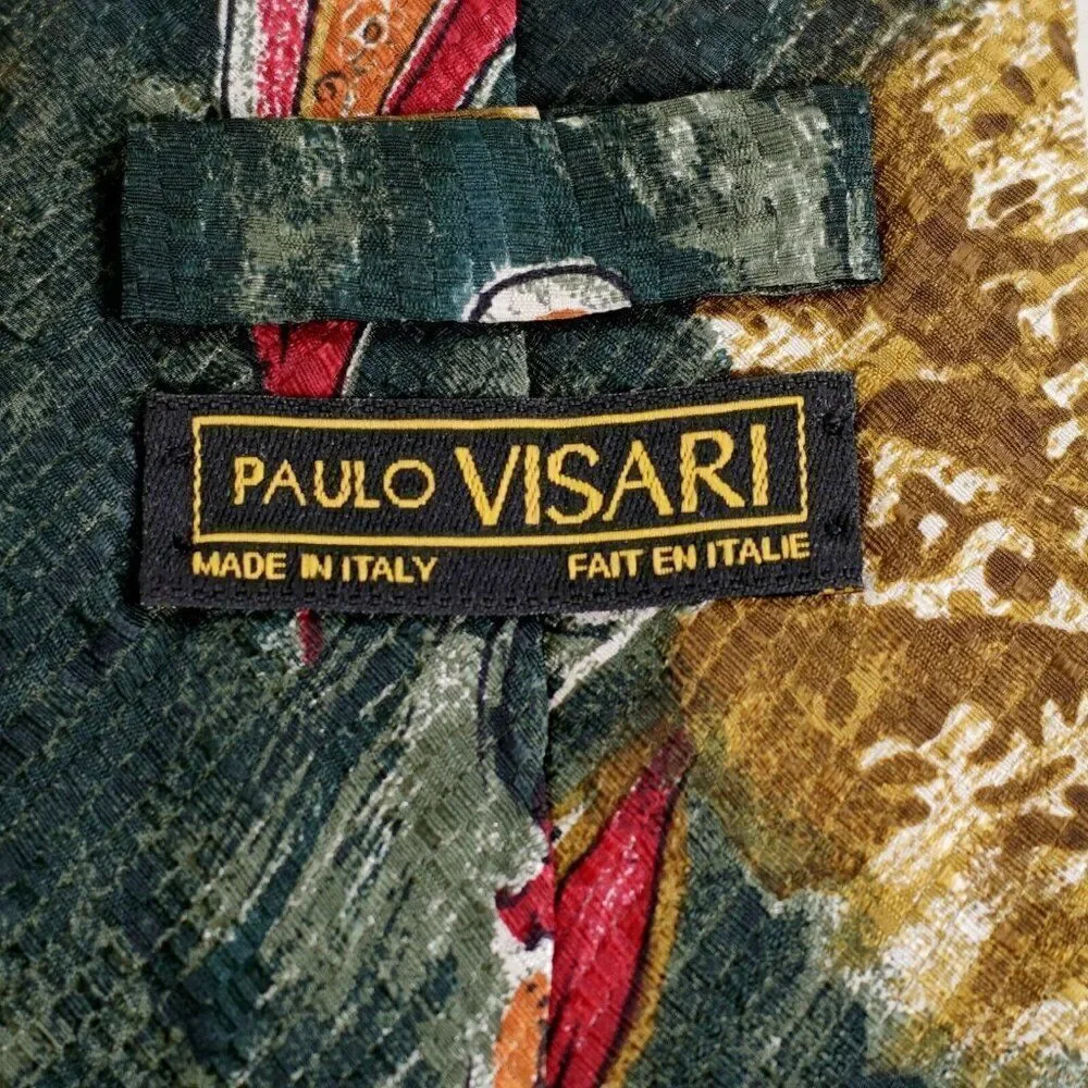 Paulo Visari Green Multi-Colored Floral Print Short Wide Silk Tie Made In Itally